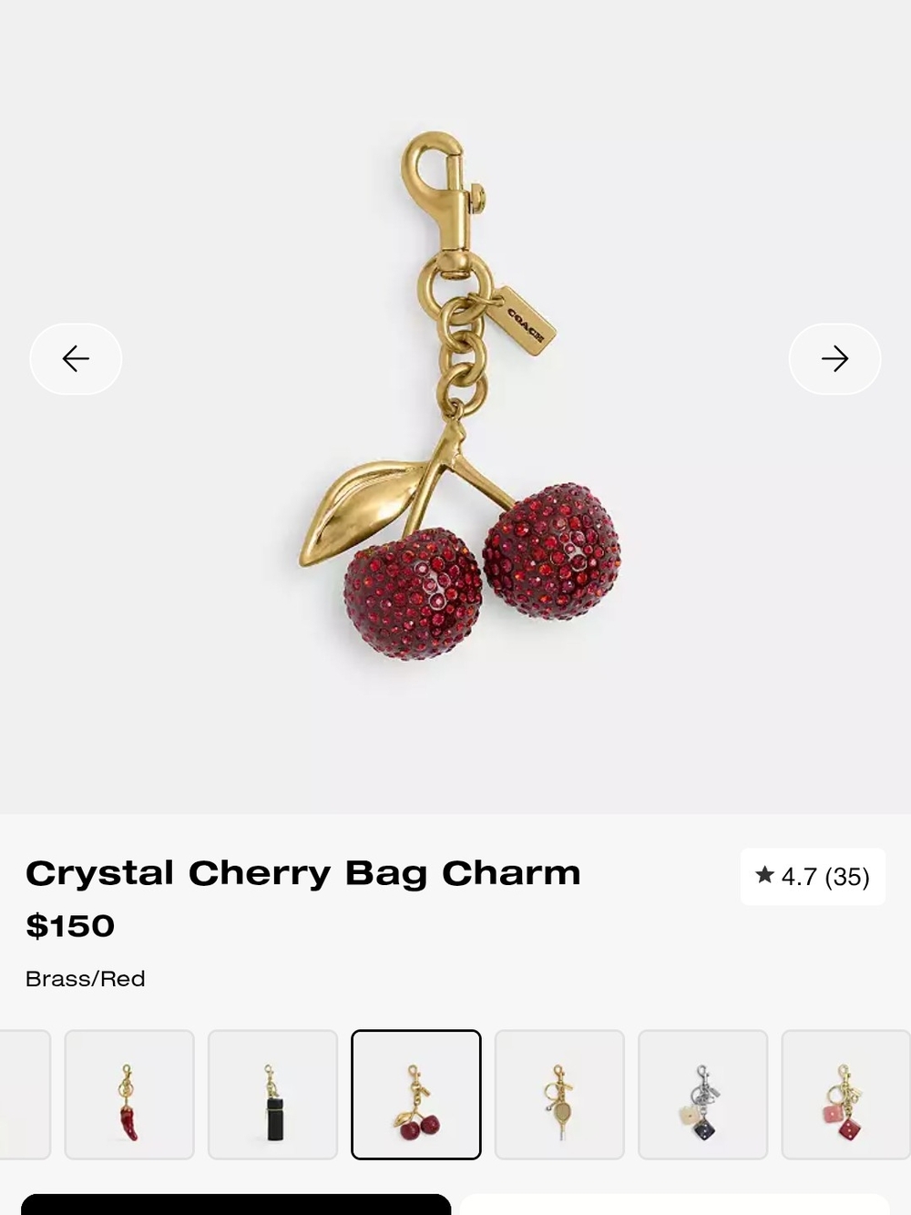 NWT! Coach Gold-Tone Crystal Cherry Bag Charm - Silver/Black 🖤